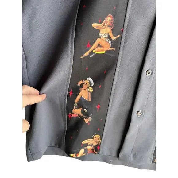 Vintage Steady Last Call Men's Shirt M Short Sleeve Gray Button Pinup Girls - Picture 6 of 12